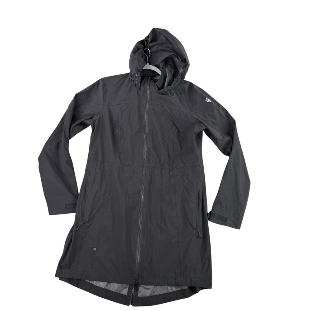 KUHL Jetstream Trench Coat Women Large Black Waterproof Hooded Rain Jacket 2196